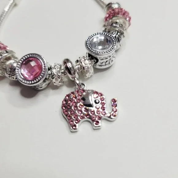 NWT Pandora Style Charm Bracelet Sparkling Pink Elephant Glittering Rhinestones - Picture 5 of 7
